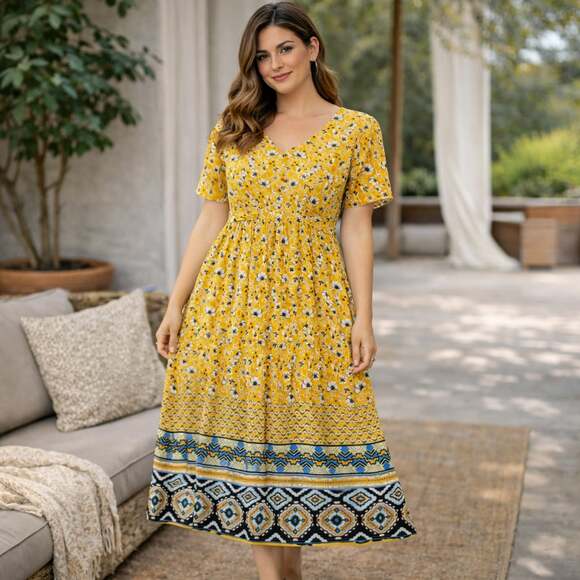 Natura Dresses & Skirts - Natura Yellow Floral Boho Maxi Dress XS Tribal Border Hem